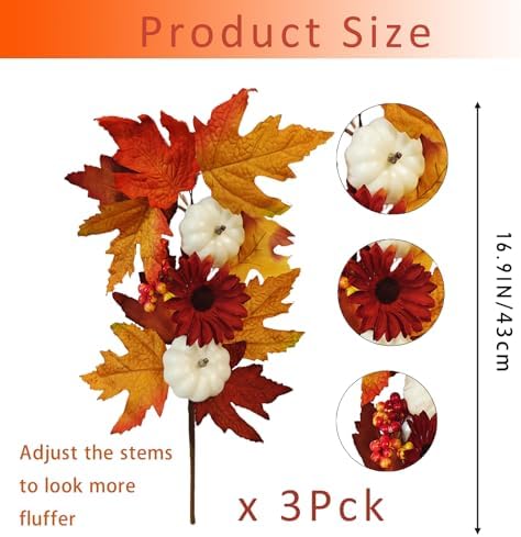 RHN Fall Flowers Artificial for Decoration,16.9 in Fall Floral Stems Picks with Pumpkin Sunflower Berry Maple Leaf Stem for Autumn Harvest Thankgiving Home Table Centerpiece Floral Arrangements