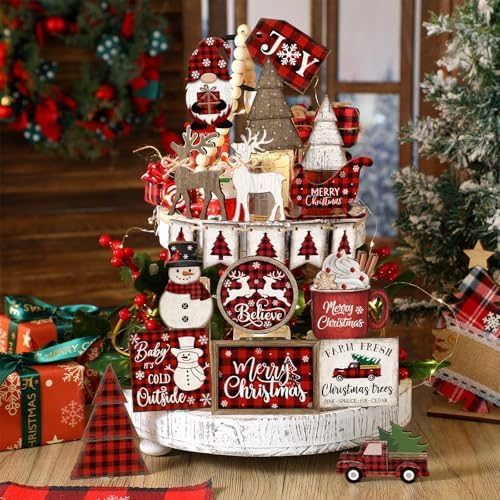 Shellwei 21 Pcs Christmas Tiered Tray Decor Set Wood Rustic Buffalo Plaid Christmas Decoration Winter Farmhouse Decor Xmas Trees Gnome Elk Snowflake Signs for Table Shelf Home Centerpiece (Plaid)