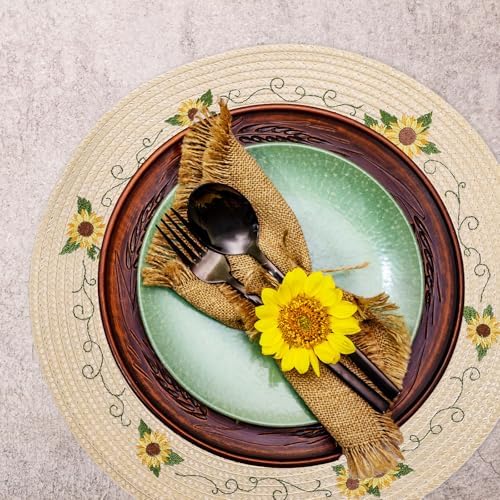 Whaline 4Pcs Sunflower Embroidered Placemats Spring Summer Floral Round Place Mats Dinner Table Mats for Home Holiday Birthday Baby Shower Party Decor