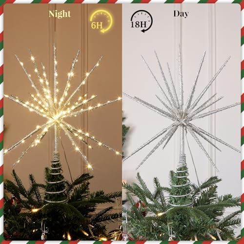 15-Inch Starburst Christmas Star Tree Topper with 150 LEDs & Remote, Silver