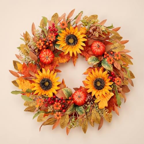 zjlmit Fall Wreaths for Front Door 24 Inch Artificial Fall Wreath with Orange Pumpkins Berries Maple Leaves and Grapevine Base Autumn Sunflower Wreath for Porch Harvest Festival Thanksgiving Day Decor