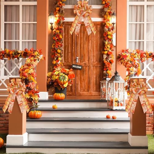 Suncalla 4 Pack Large Thanksgiving Wreath Bows Pre Tied Fall 21x11 Inch Wired Ribbon Decorative Autumn Tree Topper Bow for Front Door Indoor Outdoor Harvest Decorations(4 Pack)