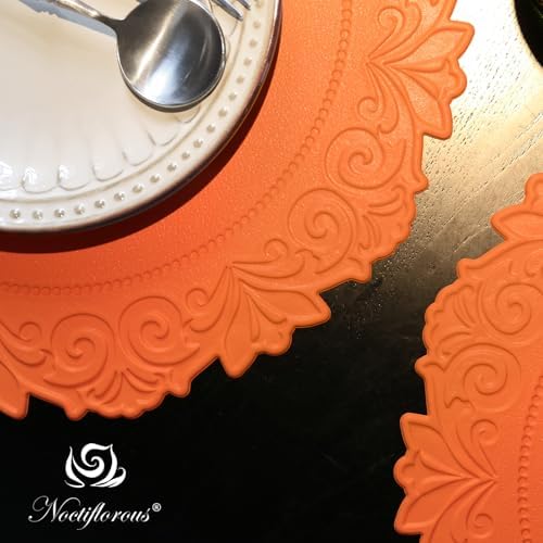 Round Faux Leather Placemats Set of 4, Dining Table Mats, Pumpkin Orange