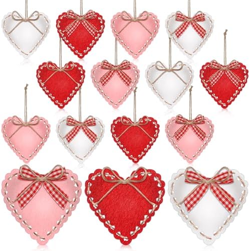 HunnmingRe 24 Pcs Valentine Felt Heart Ornaments for Tree Small Heart Hanging Decorations Valentine Felt Baubles for Home Wedding Party Decor(2.4 Inch,Elegant Style,Red Pink White)