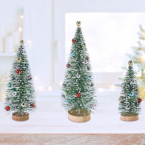 Winlyn 3 Pcs Christmas Frosted Bottle Brush Trees with Wood Base Small Green Sisal Trees with Ornaments Snowy Tabletop Christmas Trees 4.7"- 9.3" Tall for Christmas Village Decor Winter Holiday Party