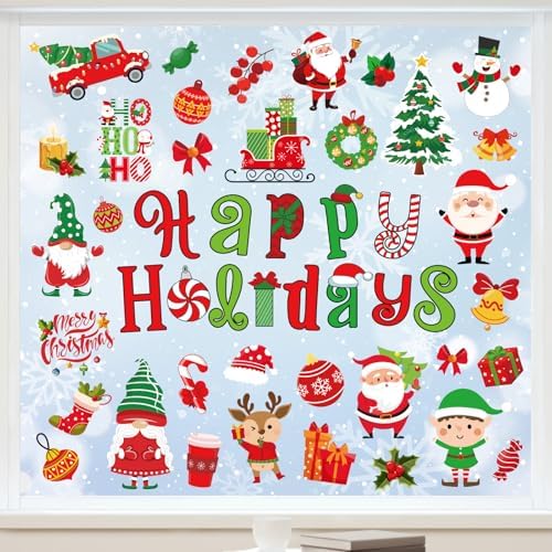 Whaline 9 Sheets Christmas Window Cling Stickers Xmas Santa Reindeer Cartoon Reusable Window Decals for Holiday Party Home Office Classroom Decoration