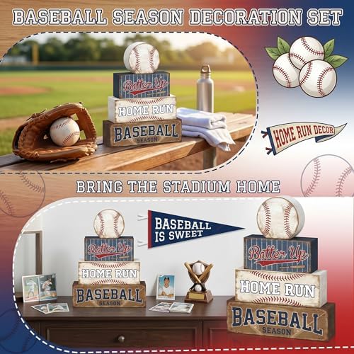 Britimes Baseball Tiered Tray Decor Set, 4 Pack, Wooden Table Sign