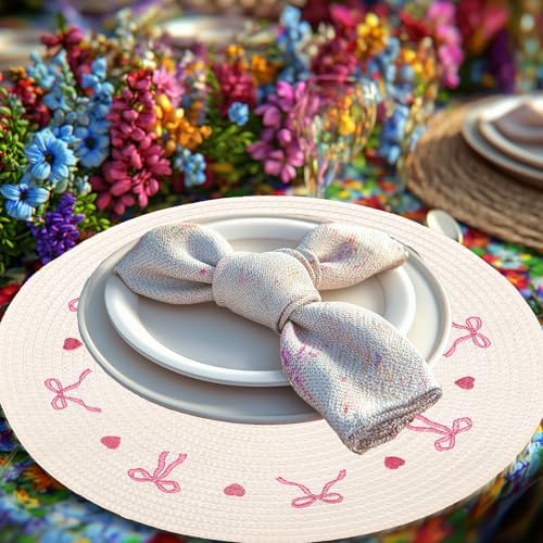 Whaline 4 Pcs Round Placemats White Pink Bow Embroidered Place Mats Coquette Bowknot Heart Dinner Table Mats for Home Wedding Baby Shower Birthday Party Decor