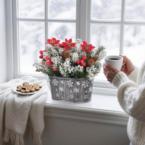 Christmas Centerpiece Table Decorations, Artificial Norfolk Pine with Poinsettia Flowers, Pine Cones & Berries in Metal Planter, Dining Table & Coffee Table Centerpiece for Christmas Décor, 1-Pack
