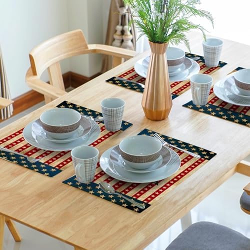4th of July Placemats Set of 4 18x12 Inch Independence Day Patriotic American Flag Linen Place Mats Heat-Resistant Washable Wipeable Memorial Day Table Mat for Party Kitchen Dining Room Dinner Table