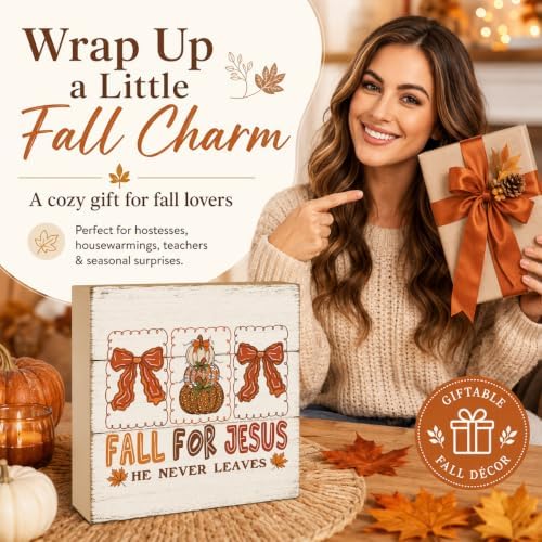 Fall For Jesus He Never Leaves Sign | Bow Pumpkin Panel Set Decor