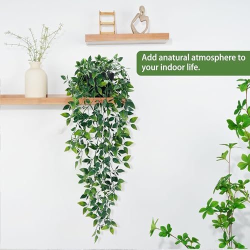 Waipfaru 2Pcs Fake Hanging Plants with Pot Eucalyptus Leaves Fake Vines