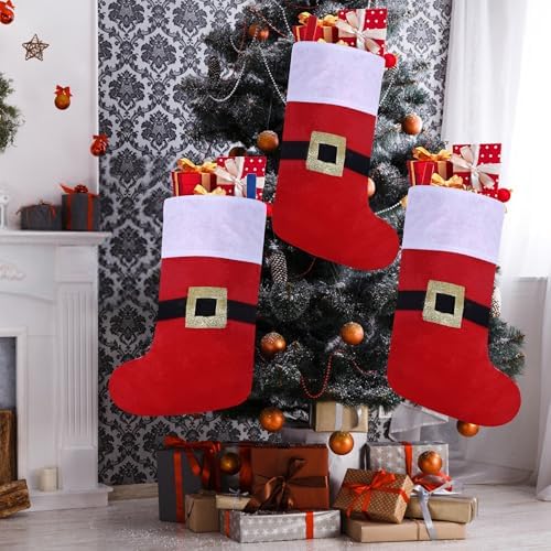 24 Pack Felt Christmas Stockings with Buckle, 19 Inches Red and White Christmas Stockings Hanging Ornaments, White Cuff with Buckle Christmas Stocking for Family Christmas Holiday Decorations