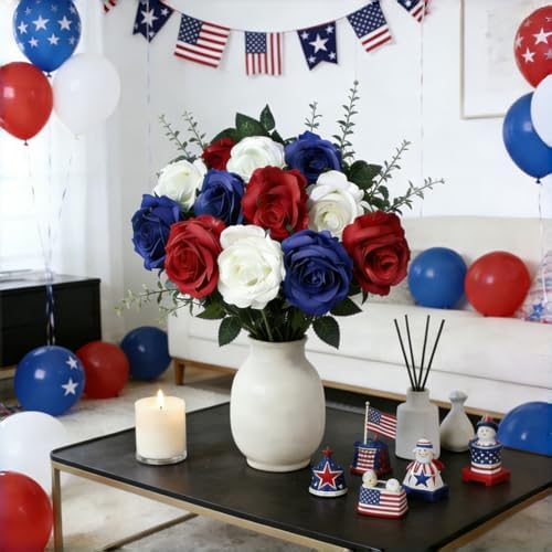 Artificial Roses Flowers, 12 Pcs Red White Blue Patriotic Long Stem Realistic Silk Roses Bouquet for 4th of July, Memorial Day Decoration (Red, White, Blue, 12-PCS)