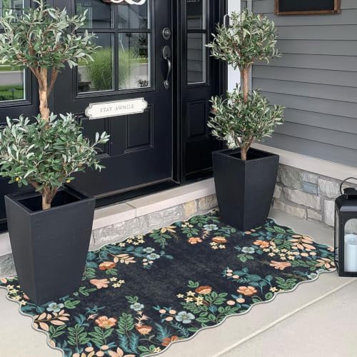 Front Door Mat Indoor Entrance - 2x4.3 Ft Dark Navy Floral Washable Layered Doormat Outdoor Entrance Porch Rug Non-Slip