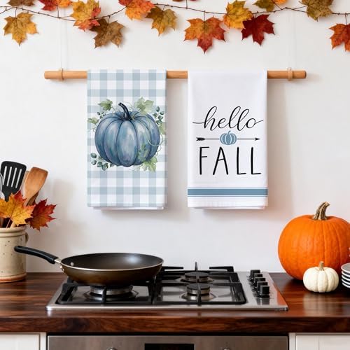 Bonsai Tree Fall Kitchen Towels, Blue Plaid Hand Towels, Fall Decor