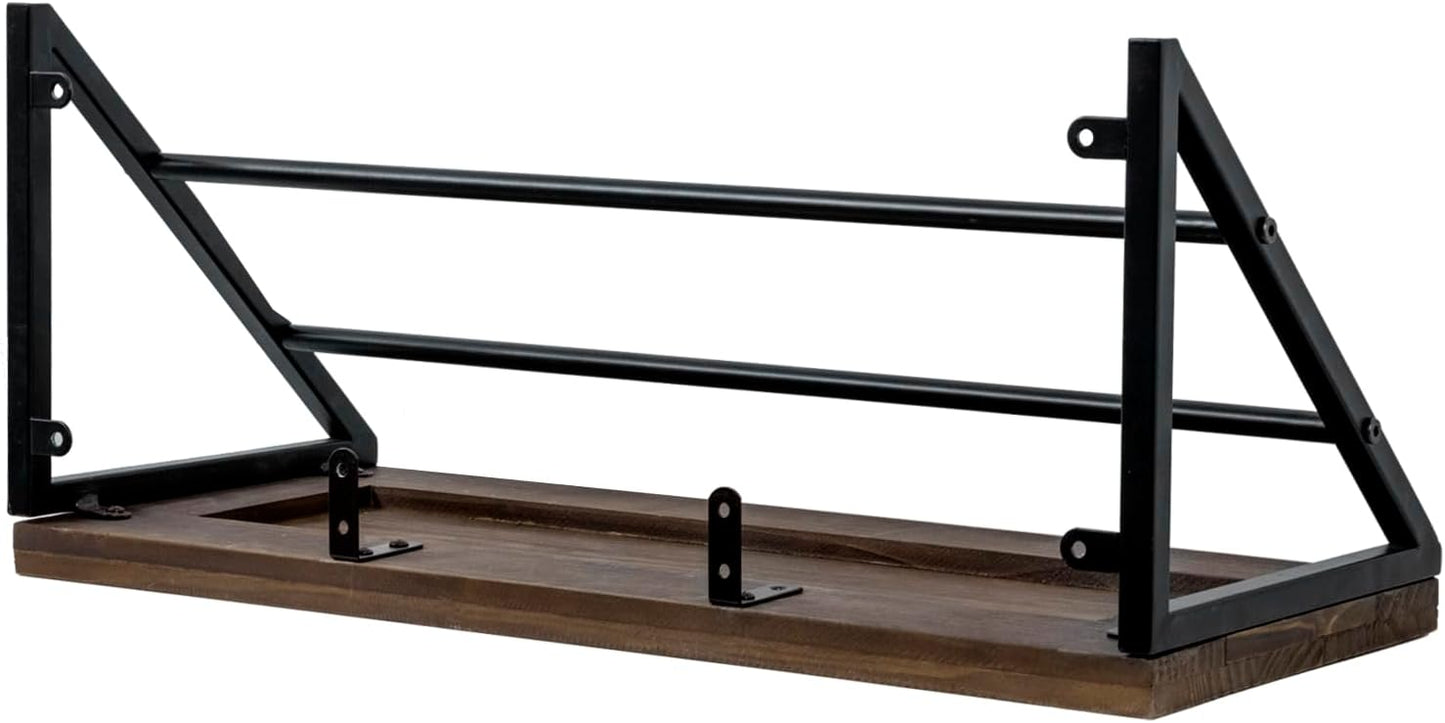 MyGift Urban Industrial Burnt Solid Wood Kitchen Floating Shelf with Black Metal Brackets for Pots and Pans with 12