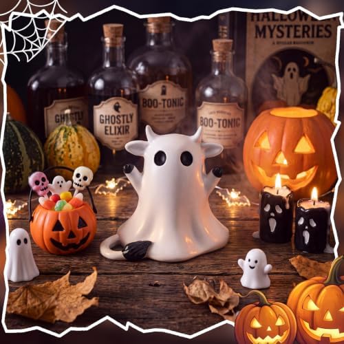 RattanView Halloween Ghost Highland Cow Figurine Mini Resin Decoration Gift