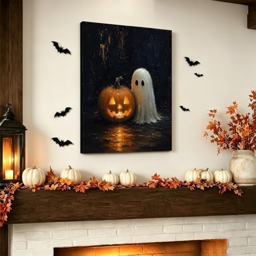 ILLBDR Halloween Ghost with Glowing Pumpkin Canvas Wall Art 16x24 inch