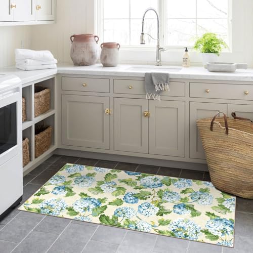 Front Door Mat Indoor Entrance - 2x4.3 Light Blue Green Floral Rug