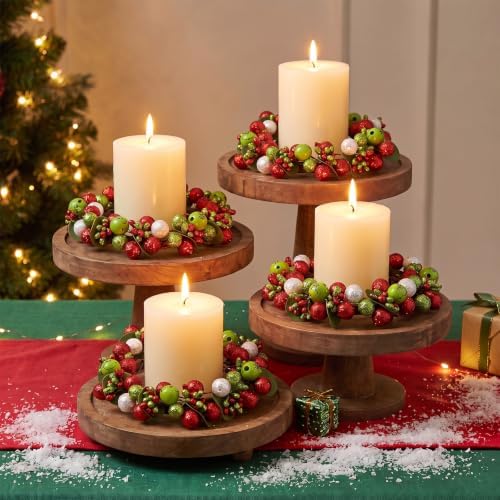 4 Pack Green Christmas Table Candle Rings, Farmhouse Berry Wreaths