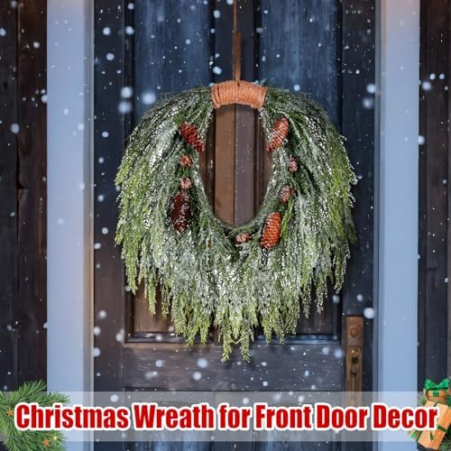 Suncalla Christmas Snowy Norfolk Pine Wreath 16" for Front Door Greenery