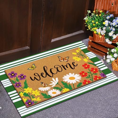 Tinideya 2 Pcs Spring Floral Layered Doormat Set for Seasonal Porch Decor