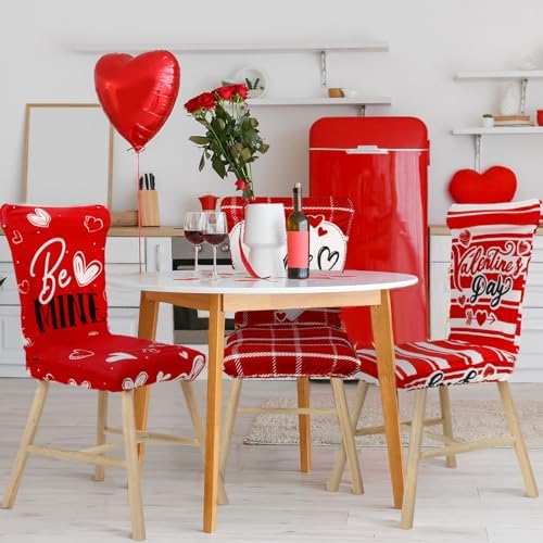 Preboun Valentine's Day Chair Covers Set of 6 Valentines Dining Protector Stretch Red Heart Removable Washable Valentine Be Mine Slipcovers for Dining Hotel Party Wedding
