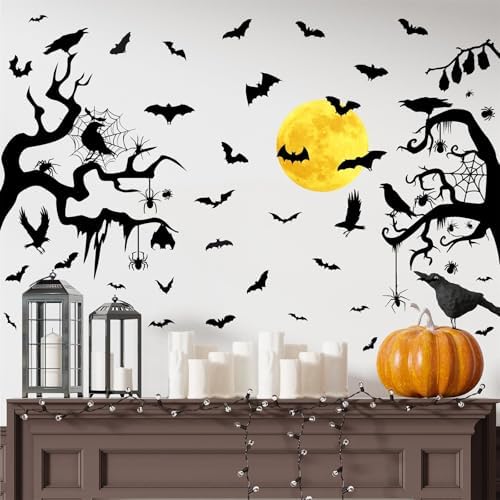 Moon Bat Wall Decals Halloween Crow Tree Branch Wall Stickers Window Clings