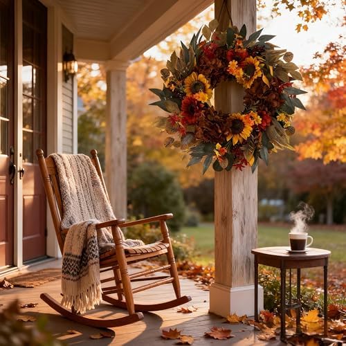 HipTree 24 Inch Fall Sunflower Hydrangea Wreath Autumn Front Door Wreath