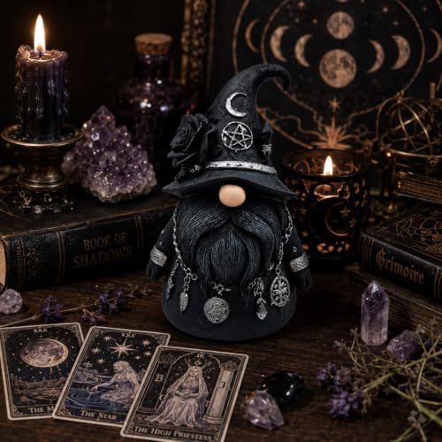 Gothic Witch Gnome Figurine Decor, Resin Witch Statue with Black Rose, Moon & Crystal Accents, Witch Decor for Shelf, Desk & Bookshelf, Dark Academia Home Decor