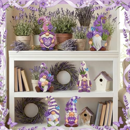 Simgoing 6 Pcs Purple Lavender Gnomes Mother's Figurines Lavender Gnomes with Best Mom Ever, Mom Resin Statues Table Decor for Mum Grandma Birthday Party Tabletop Home Centerpieces Tiered Tray Decor