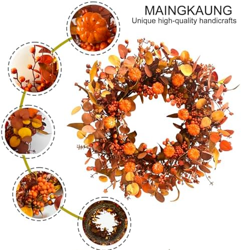 20 Inch Fall Wreath Artificial Pumpkin Wreaths for Front Door Autumn Door Wreath with Orange Eucalyptus Leaves Berries for Thanksgiving Day Harvest Festival Indoor Outdoor Celebration