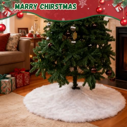 Christmas Tree Skirt White, 48 Inch Soft Faux Fur Xmas Tree Skirts, Large Luxury Velvet Plush Christmas Trees Decoration, White Ornaments for Christmas Holiday Party Indoor Party Home Decor