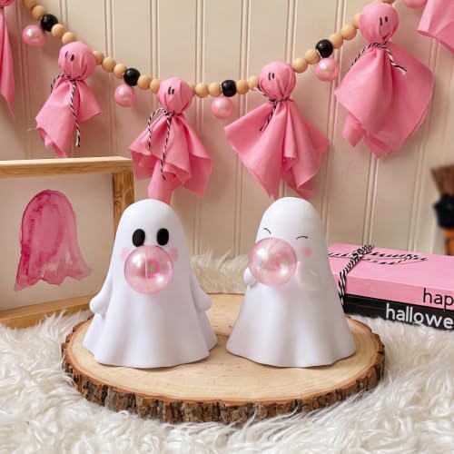 Set of 2 Halloween Ghost Figurines - Cute Ceramic Bubble Gum Ghost Statue