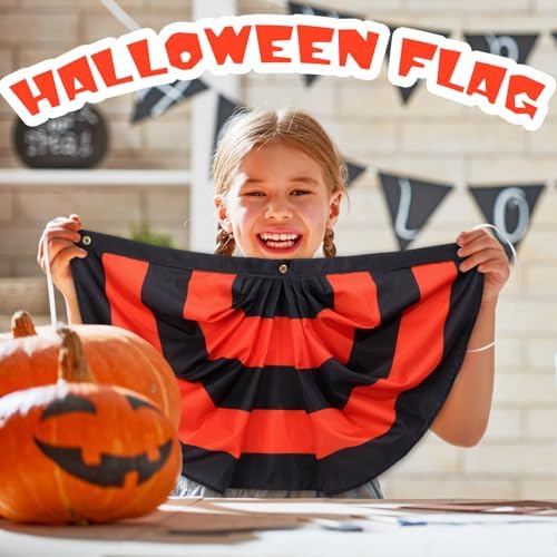 Newwiee 2 Pcs 3 x 1.5 ft Halloween Flag Bunting Half Fan Hanging Pleated Flag Banner with 3 Grommets for Halloween Indoor Outdoor House Party Holiday Yard Decorations Props, Black Orange