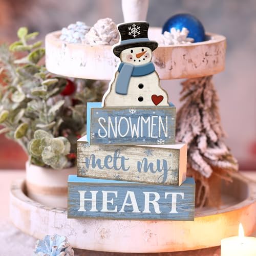 Moucuny 4 Pcs Snowman Block Signs Farmhouse Table Decoration Wood