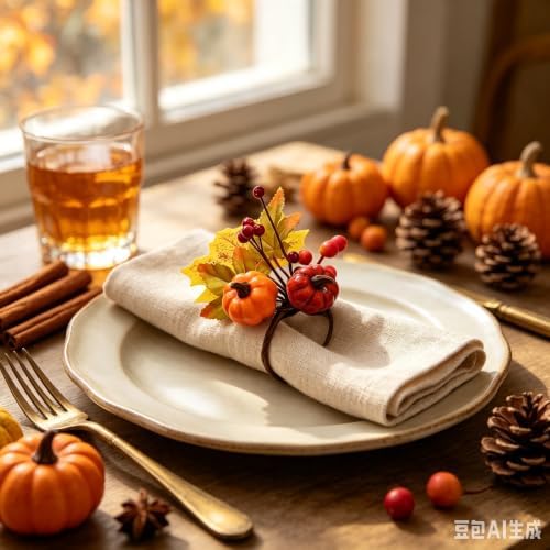 24 PCS Fall Napkin Rings Thanksgiving Napkin Rings Fall Napkin Holder Buckles with Maple Leaves Berries Autumn Harvest Table Decor for Dinner Party Banquet Wedding