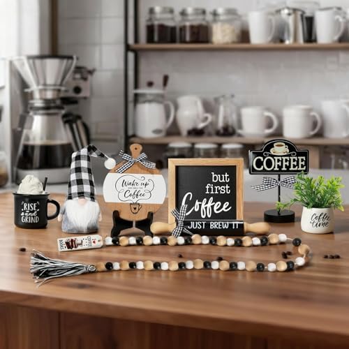 Coffee Bar Decor, 8 PCS Coffee Decorations for Table Tiered Tray Shelf