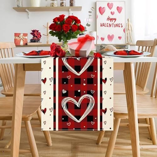 Niviy Plaid Love Hearts Valentines Table Runner 13 x 48 Inch, Wedding Seasonal Holiday Anniversary Decoration for Indoor Home Party