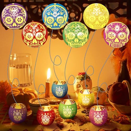 Jingmore 6 Pcs Glass Votive Holders, Sugar Skull, Multicolor
