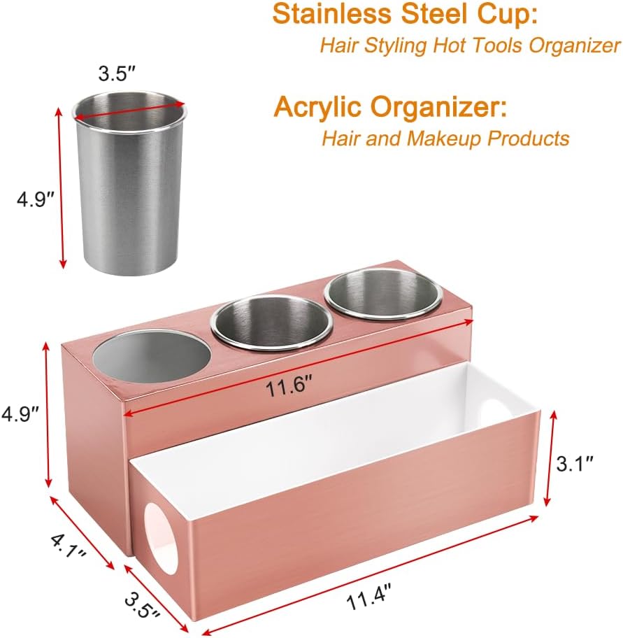 GFWARE Hot Hair Styling Tool Organizer with 3 Stainless Steel Cups, Pink | Bathroom Vanity Organizer Storage, Hair