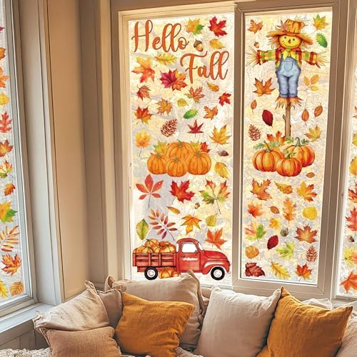 9 Sheets Autumn Window Stickers, Scarecrow Maple Leaves Pumpkin Nuts Decal Windwo Clings, Double Sided Fall Window Clings for Fall Decorations Decor Thanksgiving Accessories Indoor Outdoor