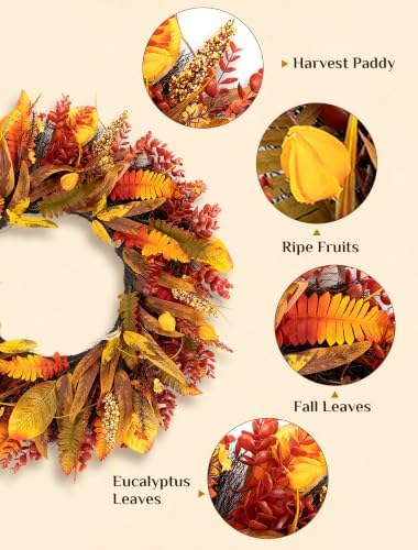 26" Fall Wreaths for Front Door: Autumn Eucalyptus Leaf Wreath