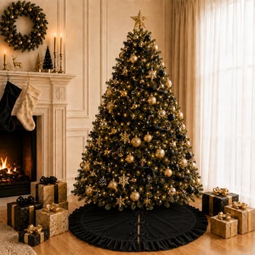 Velvet Christmas Tree Skirt Black 36 inch Ruffled Holiday Tree Skirt for Rustic Xmas Tree Decoration