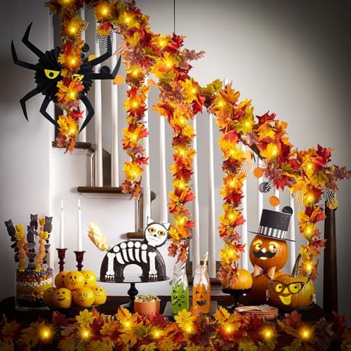 2Pcs Fall Maple Leaf Garland with Yellow Lights