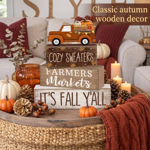 Lineshading 4 Pcs Fall Wooden Block Table Decor Stacked Signs Truck Topper