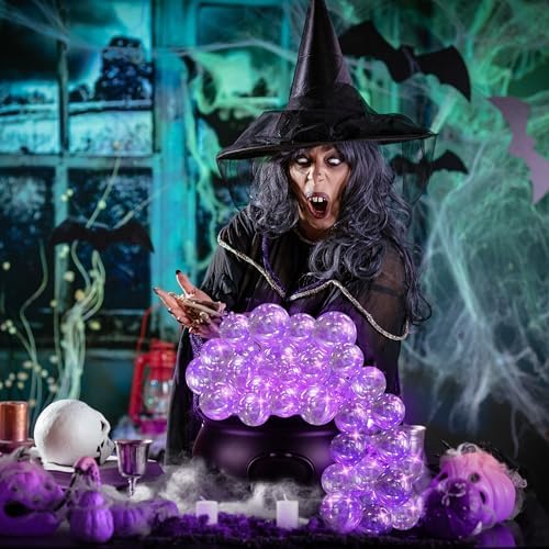 Halloween Witches Cauldron Decorations, DIY Bubbling Large Cauldron Bowl Set with Clear Plastic Balls and String Light for Halloween Hocus Pocus Party Indoor Outdoor Decor