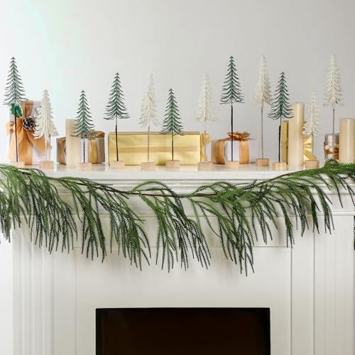 Jetec 6 Pcs Mini Christmas Tree Small Alpine Trees Tabletop Artificial Pine Christmas Tree with Wooden Base Snow Frost Village Bottle Brush Trees Holiday Season Decoration Centerpiece Displays(Green)