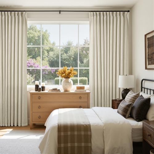 Pinch Pleated Extra Wide Beige Linen Curtain 84 Inches Long 70 Wide 1 Panel